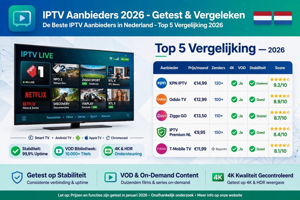 IPTV Aanbieders Vergelijking 2026 - Beste IPTV Aanbieders Nederland Getest